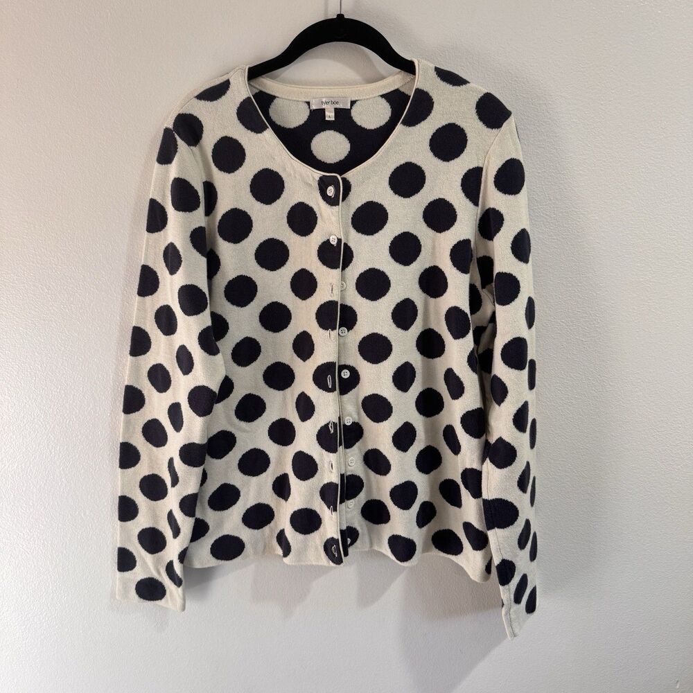 Tyler Boe Cardigan Sweater L Polka Dot Navy Blue White Cotton Cashmere Knit
